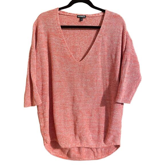 EXPRESS Knitted Sweater Pink Women's M Curved Hem V-Neck Half Sleeve - Picture 1 of 3
